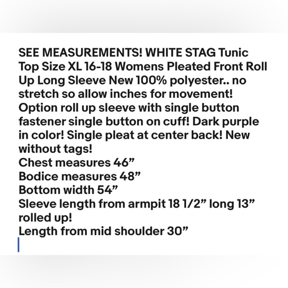 WHITE STAG Tunic Top Size XL 16-18 Womens Pleated Front Roll Up Long Sleeve NWOT - Picture 7 of 7